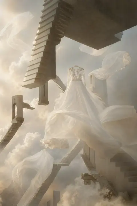 Un vestido de novia flota entre escaleras invertidas y velos suspendidos entre nubes lentas, con gravedad imposible