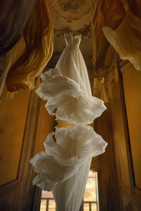 Robe blanche de mariee flottant vers le haut dans une piece doree, plis de soie descendant comme de l'eau