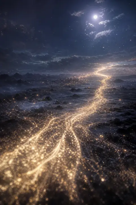 Fils argentés lunaires se dissolvant en particules lumineuses sur paysage sombre, symbole onirique robe blanche