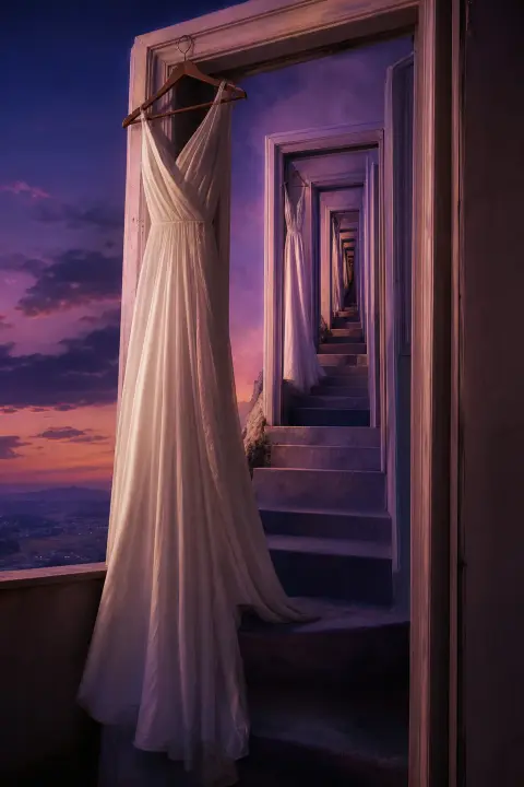 Robe blanche se transforme sur encadrement de porte vers escalier impossible plié, crepuscule violet