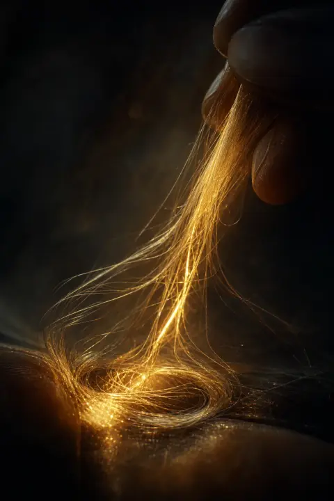 Fils de lumière dorée tissés comme des brins de soie lumineux dans l'ombre profonde, symbole de robe blanche