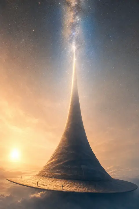 Sombrero puntiagudo de bruja expandiéndose infinitamente hacia arriba, punta disolviéndose en luz estelar, ala como horizonte lejano