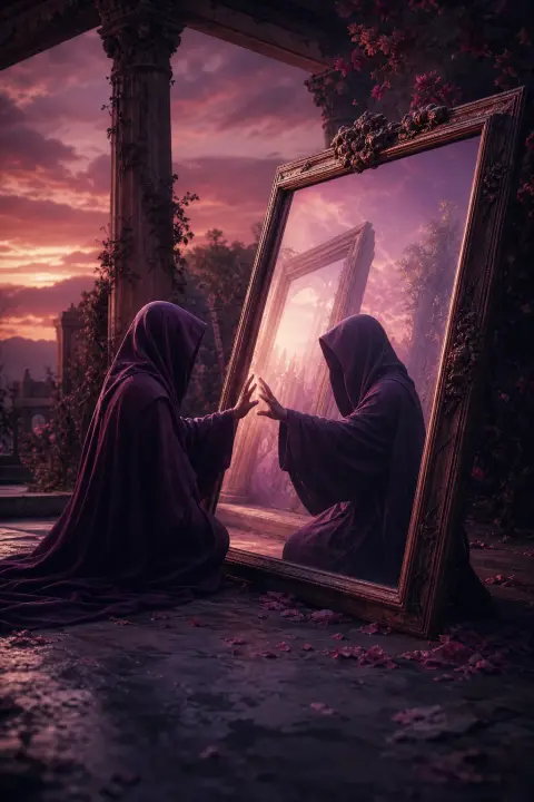Dualidad de espejo de bruja: dos figuras encapuchadas frente a frente, manos atravesando vidrio, sombras violeta invirtiéndose