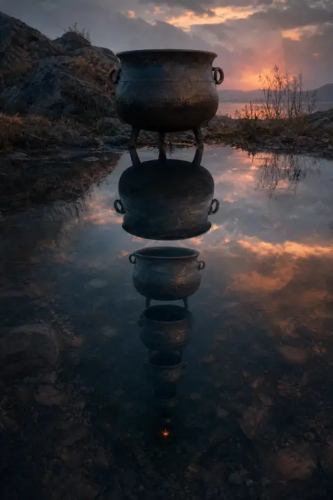 Caldero de bruja reflejándose infinitamente hacia abajo en agua inmóvil, cada reflejo más profundo, brasa brillante en el abismo