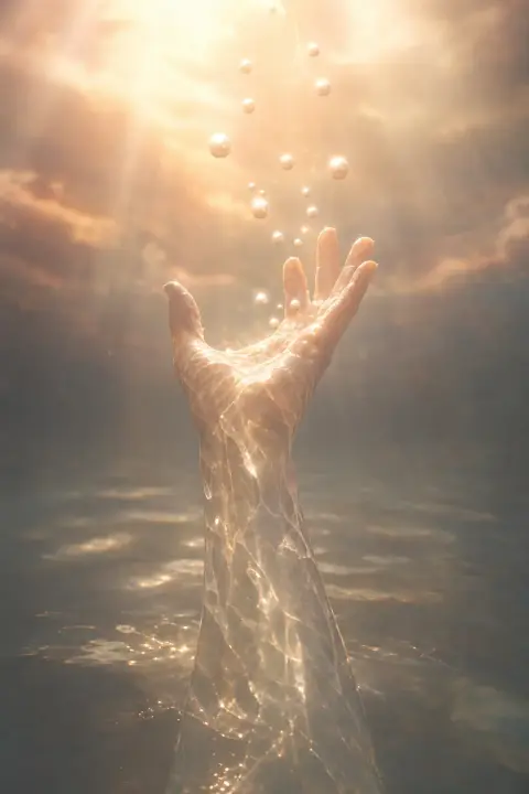 Main translucide monte par eau immobile libérant gouttes nacrées flottant vers le haut, luminescence curative trace sphères ascendantes, blessures se transformant en lumière