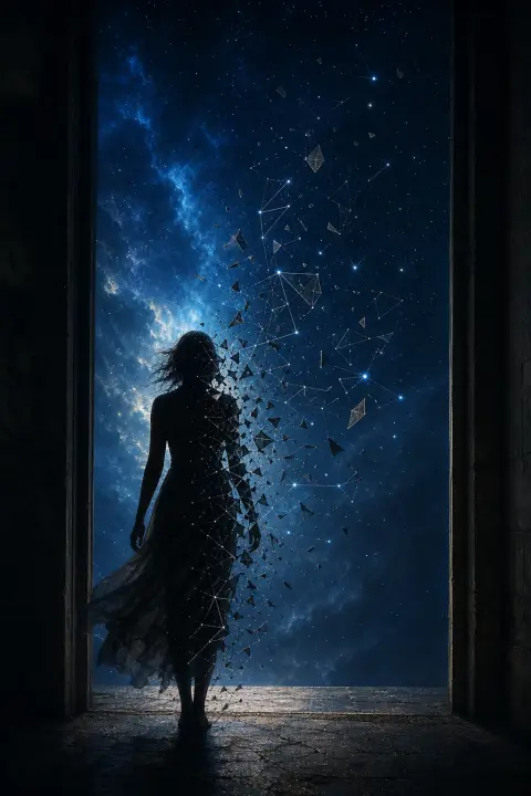 Porte silhouettée encadre figure se dissolvant en fragments géométriques numérotés brillant comme constellations, se dispersant dans le vide indigo, blessures défaisant la carte