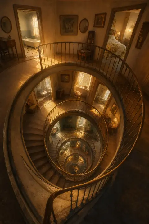 Escalier spiral vu de haut descend en lui-même, chaque palier contient version différente de pièce, portes s'ouvrent sur angles impossibles, calme ambre miel, blessures en couches