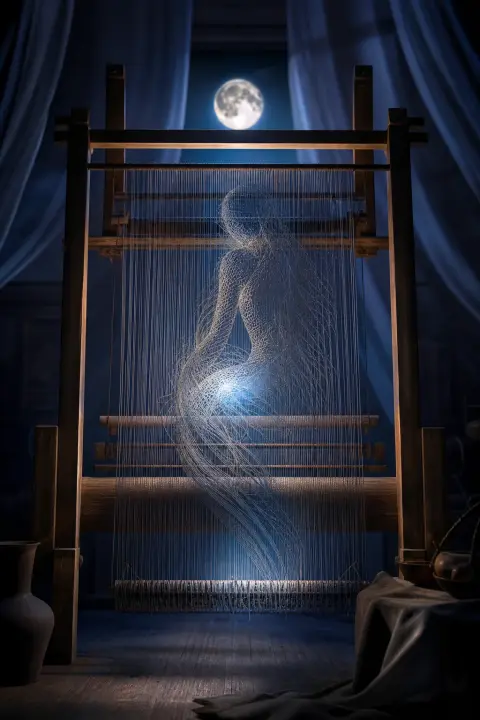 Fil argenté sous lune tissé dans métier symétrique formant contour de figure lentement retissé, rayonnance bleu frais s'accumule où motif se ferme et guérit, blessures guérissant