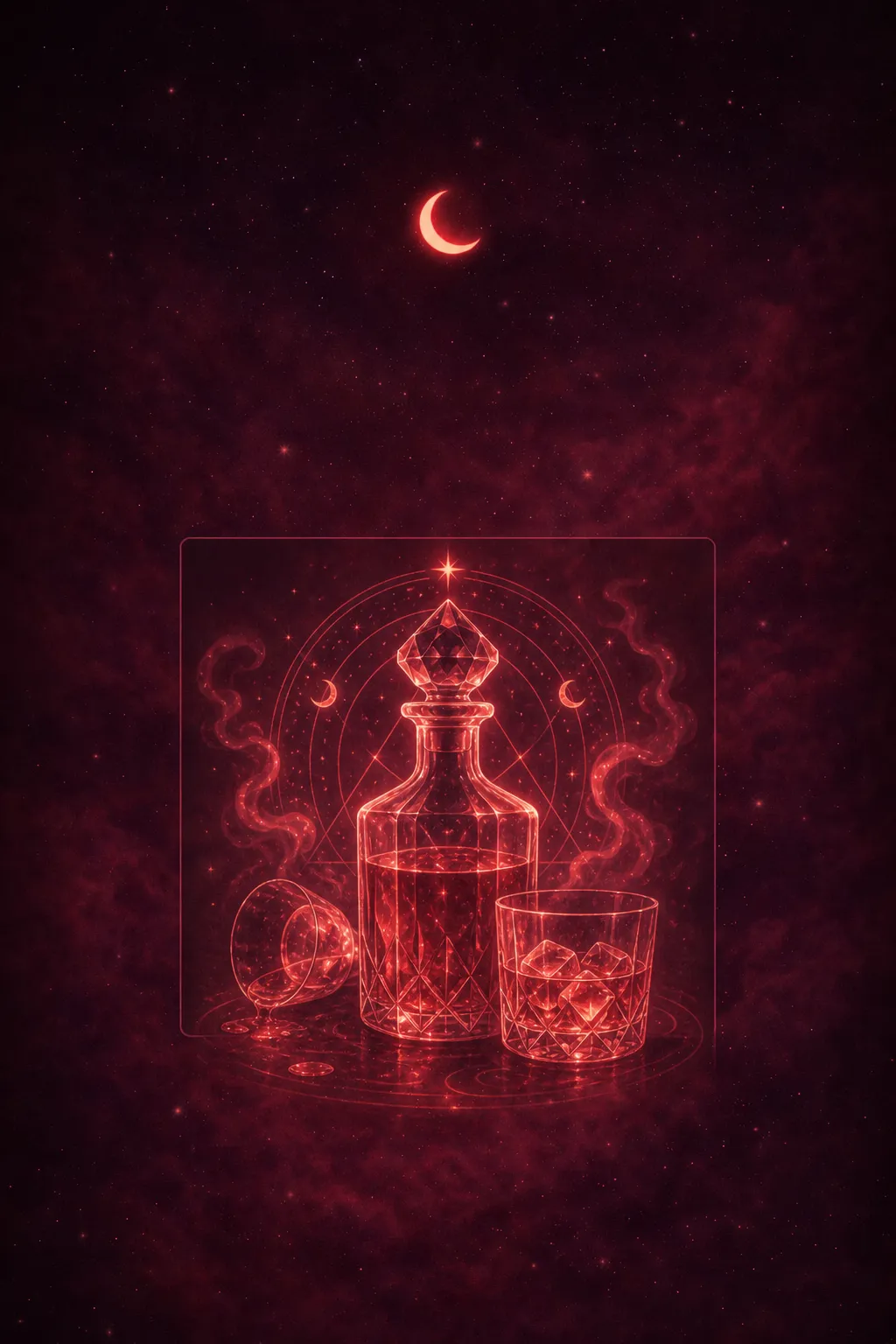 Dimly lit glass filled with amber liquid, candlelight reflecting off the surface, shadows playing across a contemplative face nearby