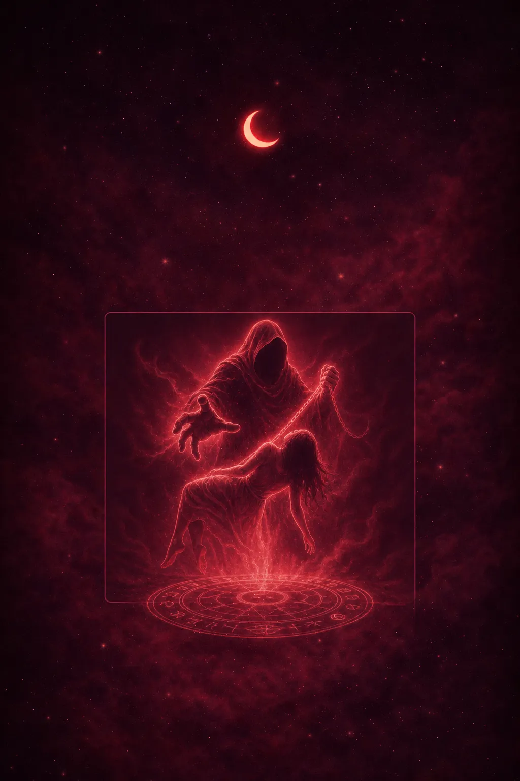 Figure struggling against shadowy hands in dim light, face frozen in fear, dark atmosphere of confinement and loss of control