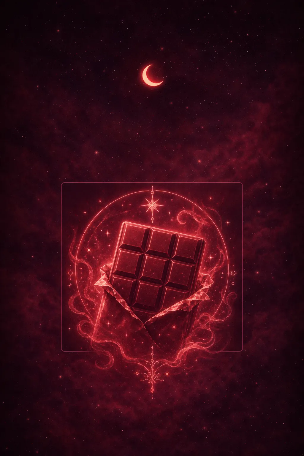 Rich dark chocolate melts across a moonlit table, its glossy surface catching silver light while steam curls mysteriously upward.