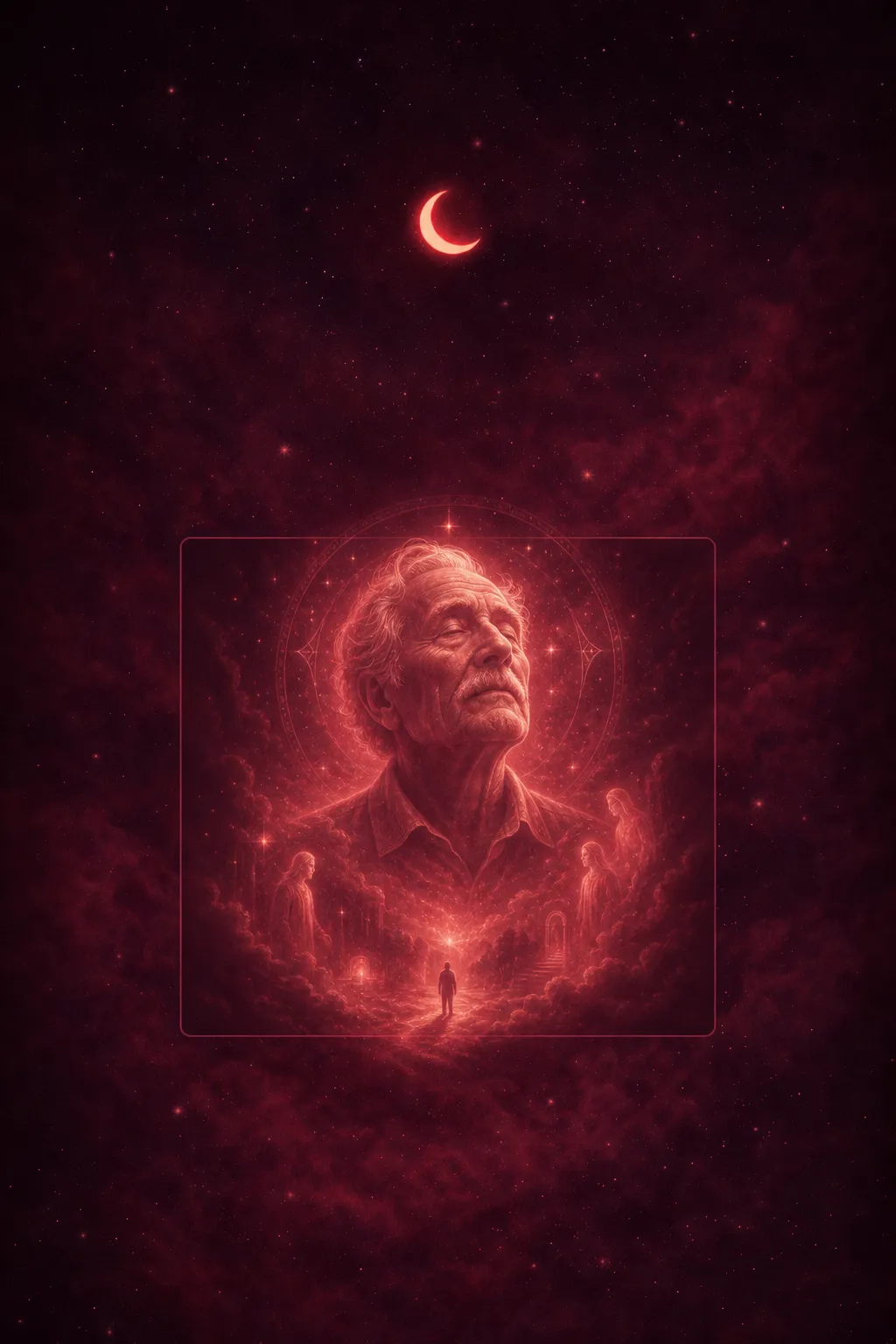 An elderly man with wise eyes sits in dim candlelight, his translucent form bathed in warm amber tones, radiating quiet ancestral presence.