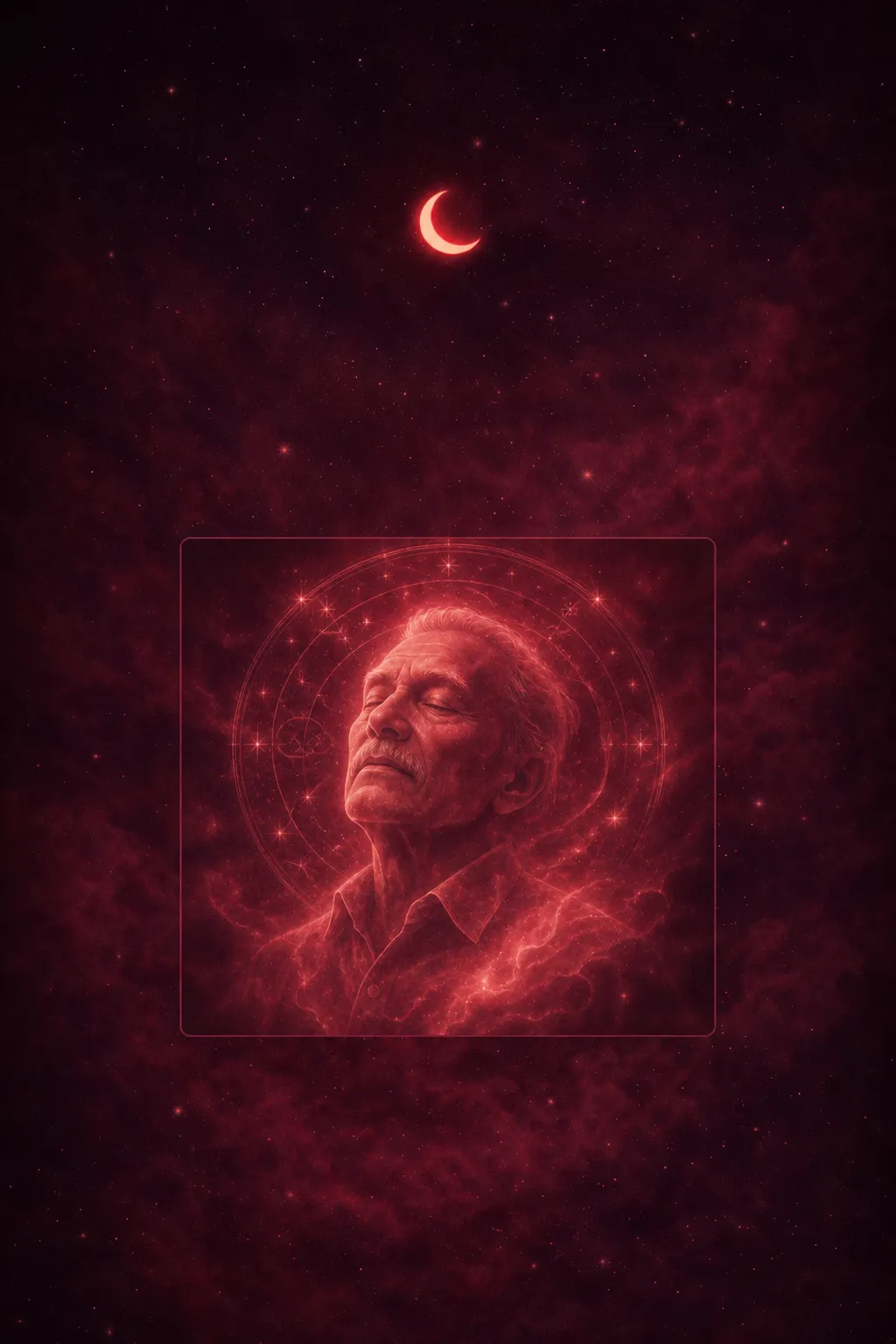 Shadowy figure of an older man materializing in soft moonlight, surrounded by swirling mist and fading family photographs, conveying ancestral presence and unresolved grief