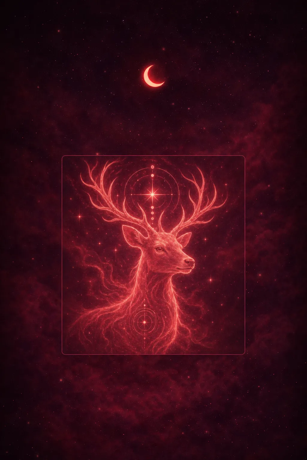 A graceful deer with luminous eyes standing in a moonlit forest clearing, alert yet serene, surrounded by soft mist and shadowed trees