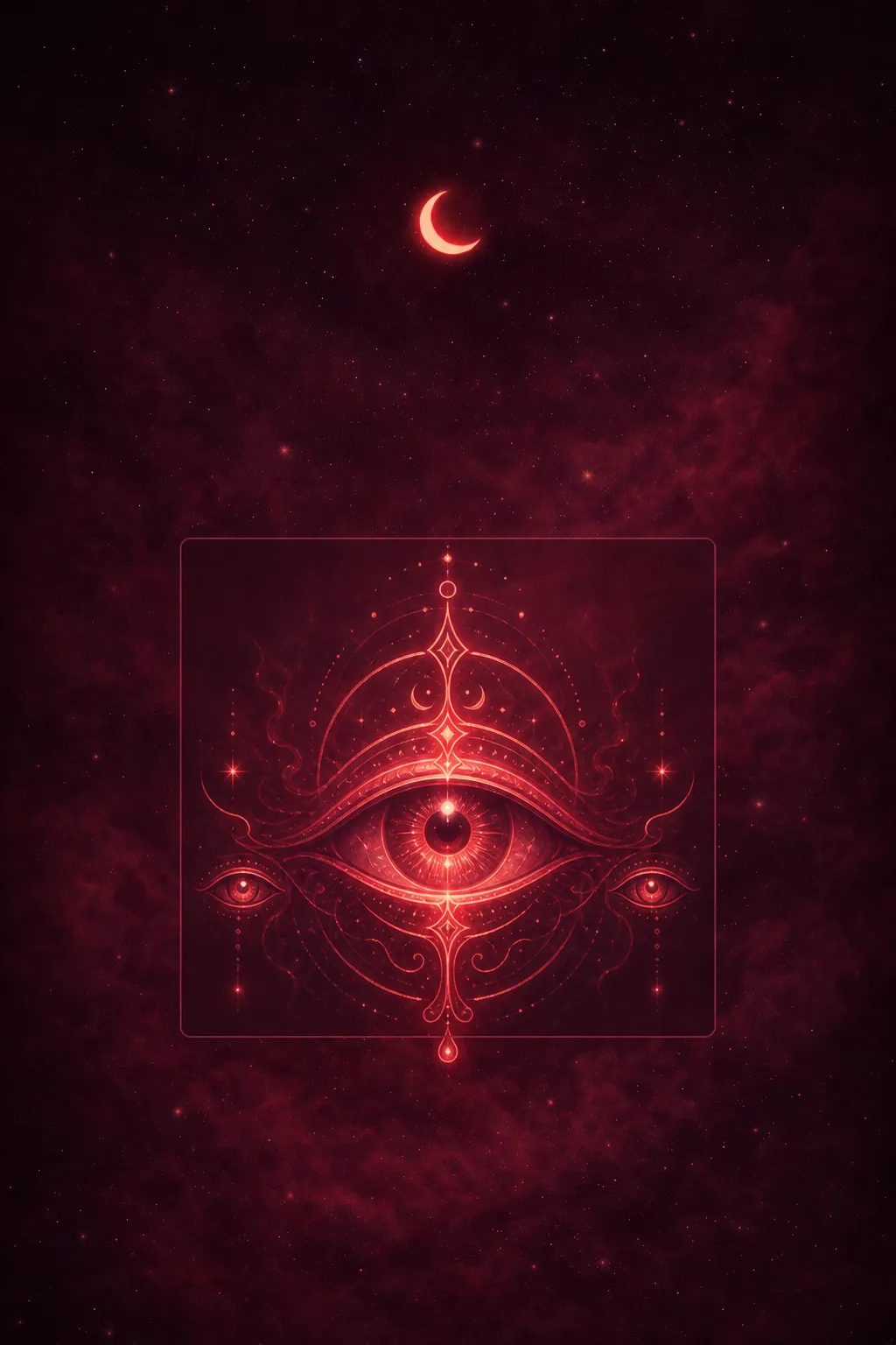 A pair of luminous eyes gazing through darkness, intense and watchful, surrounded by shadowy blues and purples with a sense of hidden knowledge.
