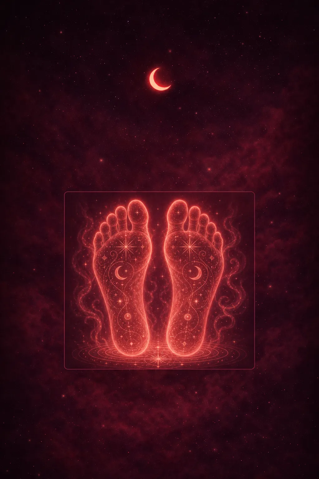 Bare feet walking across shadowed ground, earthen and grounded, rendered in soft nocturnal tones.