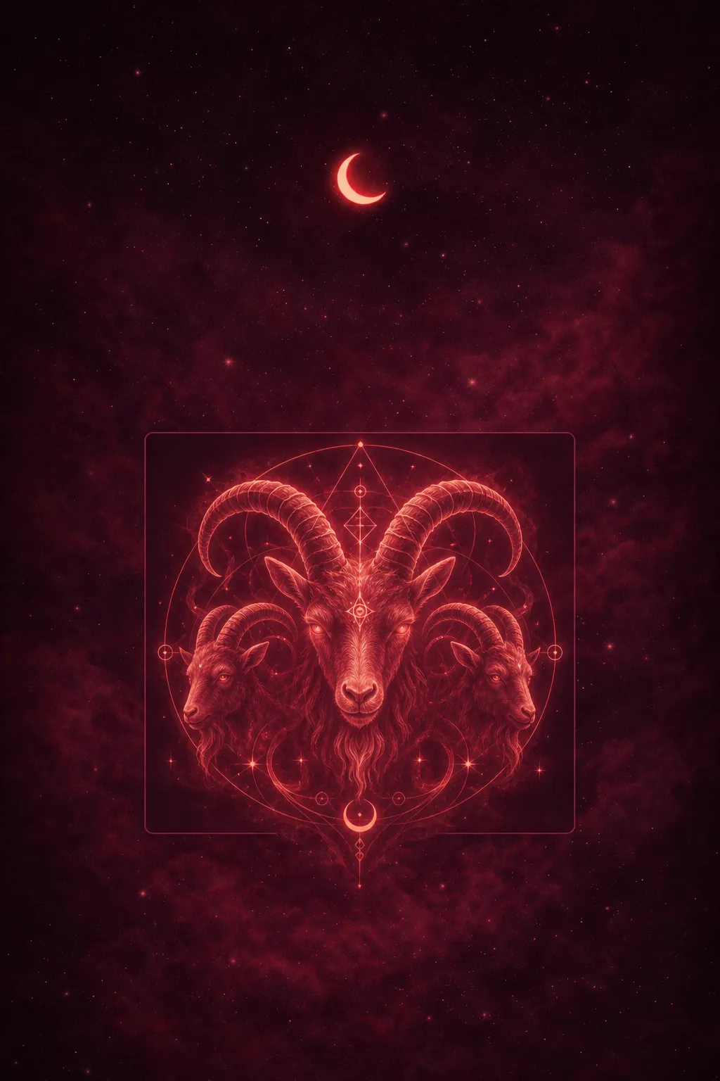 Goats grazing on misty hillside under starlight, horned figures in shadowed pastoral landscape