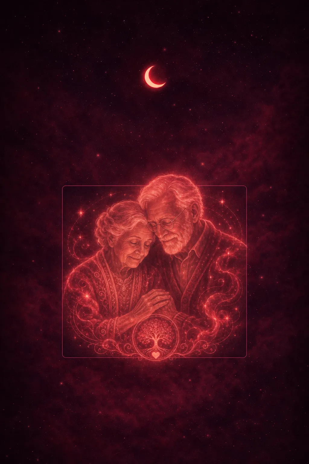 Warm, gentle figures with aged features bathed in soft, nostalgic light, radiating wisdom and familial comfort in shadowed tones.