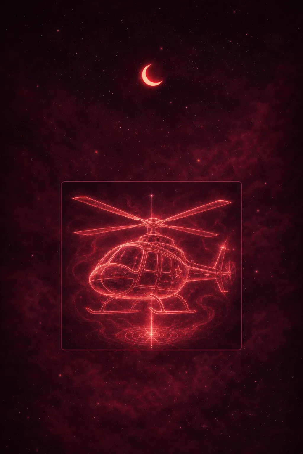 Aircraft hovering above landscape with searchlight beam cutting through darkness, elevated vantage point revealing terrain below, metallic silhouette against night sky