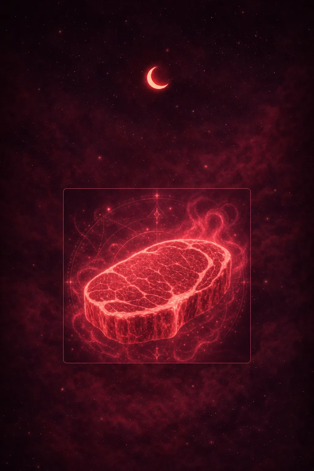 Raw, glistening cuts on a dark surface, rich crimson tones against deep shadows, evoking primal sustenance and earthiness.