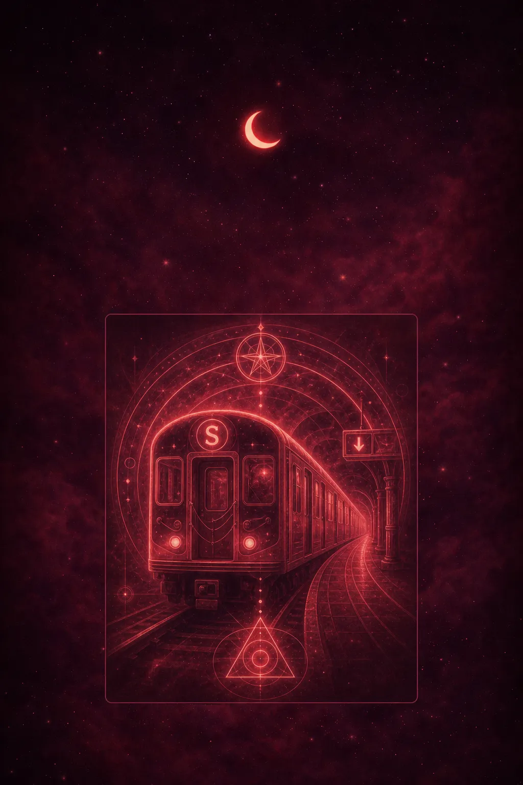 Underground train platform bathed in cool fluorescent light, tracks disappearing into darkness, solitary figure waiting