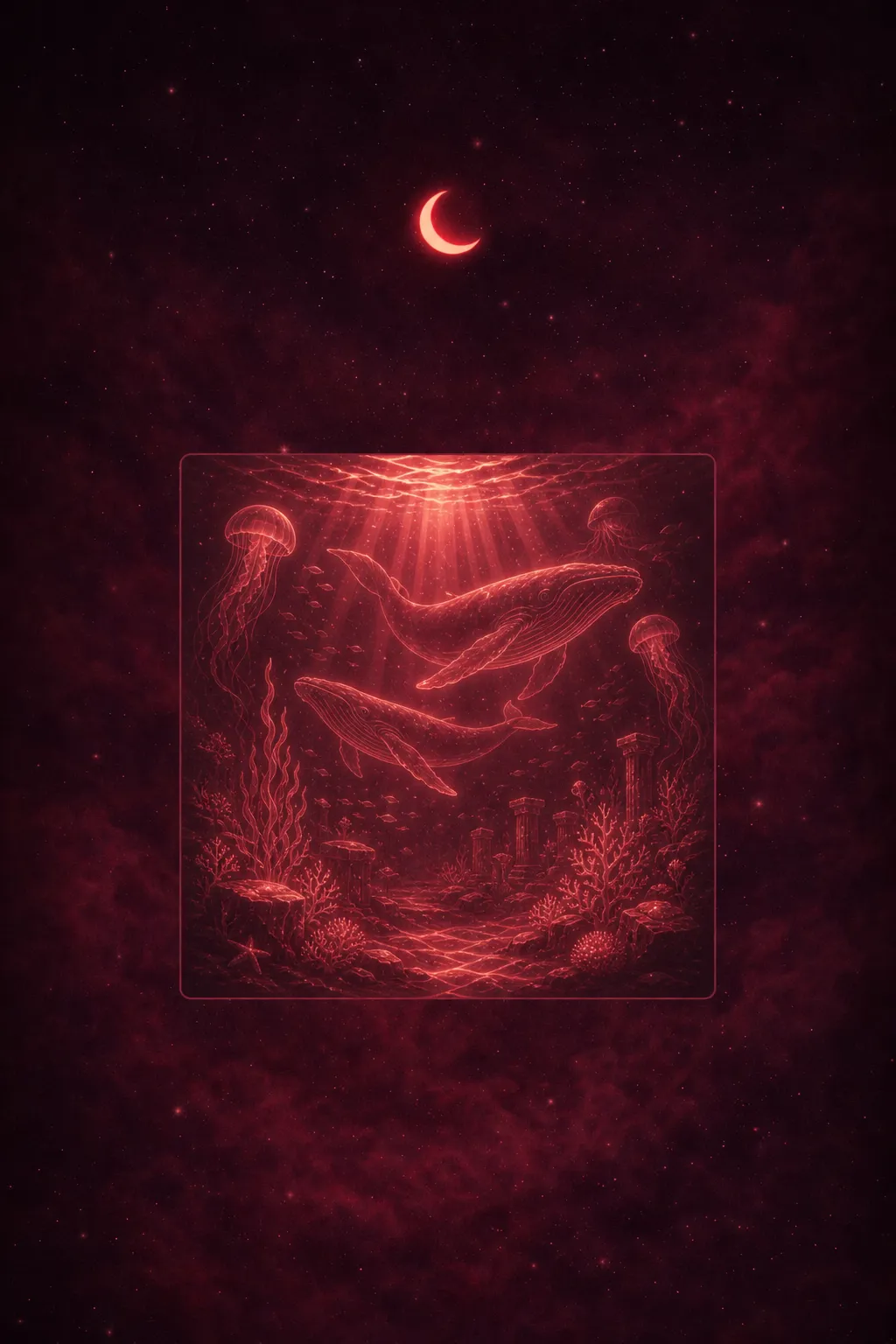 A solitary figure floats weightlessly through deep blue waters, surrounded by soft bioluminescent light and shadowy coral formations.