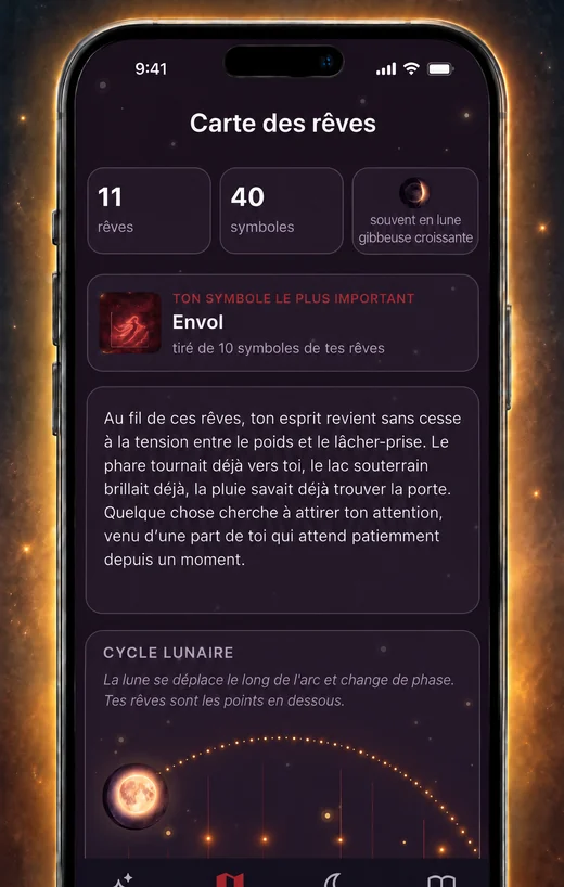 Carte des rêves de l'app Dream Book, chaque rêve placé selon la phase de lune