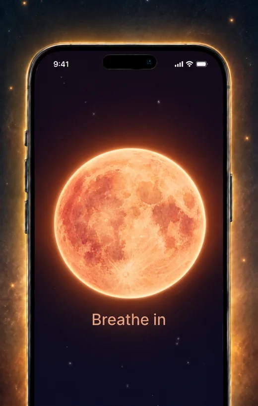Dream Book app: the sleep mode screen with a glowing moon to breathe with